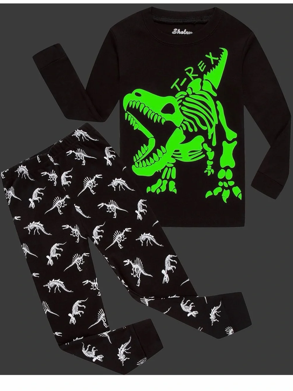 Kids Black T-Rex Skeleton Pajama Set Glow in the dark 4T
